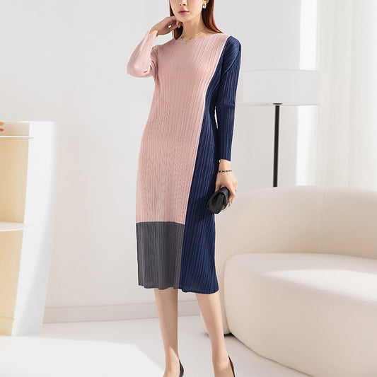 Fashion Colorblock Loose Plus Size Crew Neck Long Sleeve Straight Underwear Midi Dress