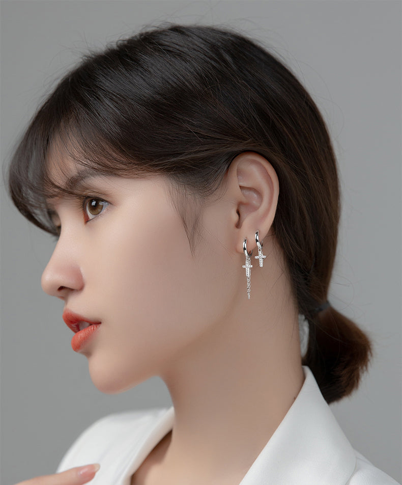 Short Cross Chain Ear Clip Women's Rhinestone Earrings