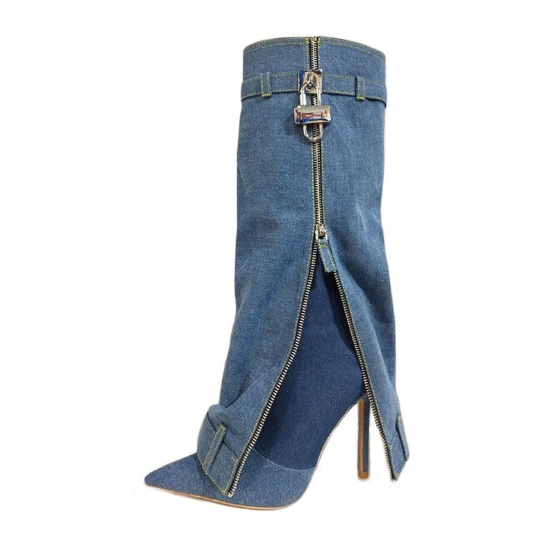 Pointed Toe Fashion Metal Buckle Flanging Zipper High Leg Boot