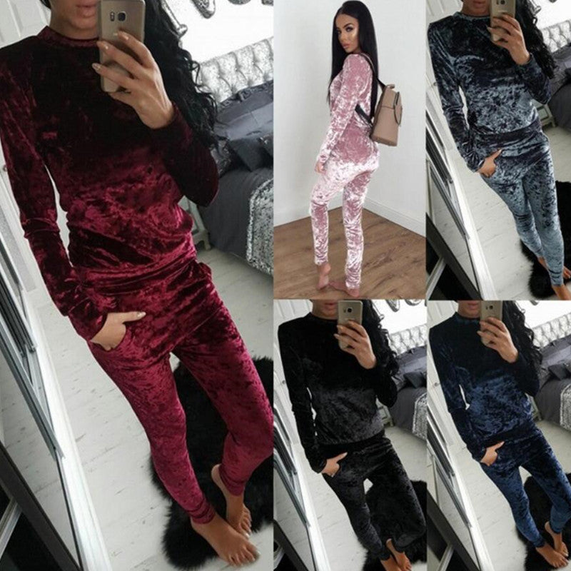 Ladies New Velvet Long-sleeve Suit Two-piece Set