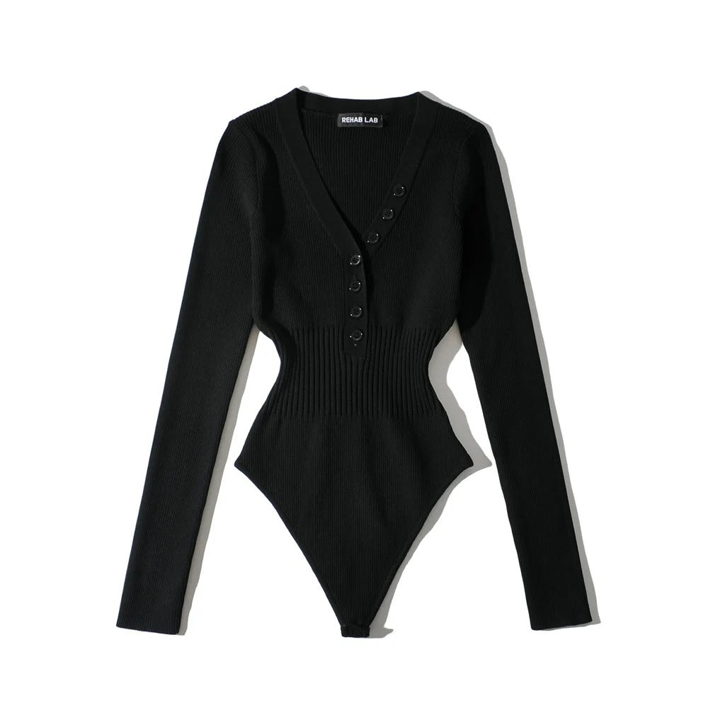 Bottoming Deep V-neck Buckle Waist-controlled Long Sleeves Jumpsuit