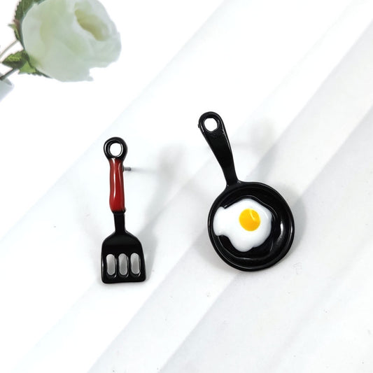 Personality Asymmetric Small Spatula Fried Egg Stud Earrings