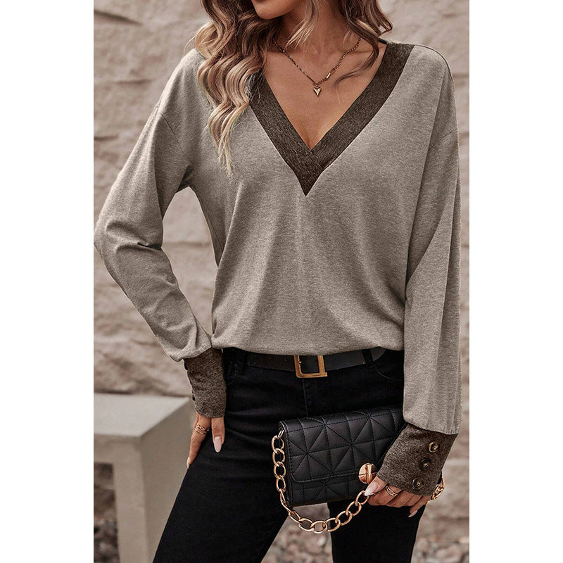 Women's Fashion Casual Loose-fitting V-neck Long Sleeves T-shirt