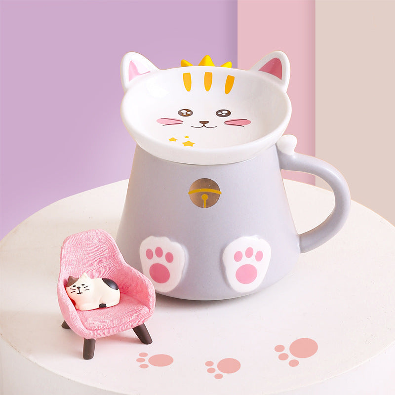 Cartoon Cat Ceramic Mug with Lid, Spoon Cup