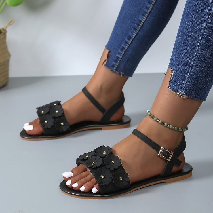 Retro Blumen Sandalen Sommer Casual Vielseitige Runde Zehe Schnalle Flache Strand Schuhe Für Frauen Neue Römische Schuhe