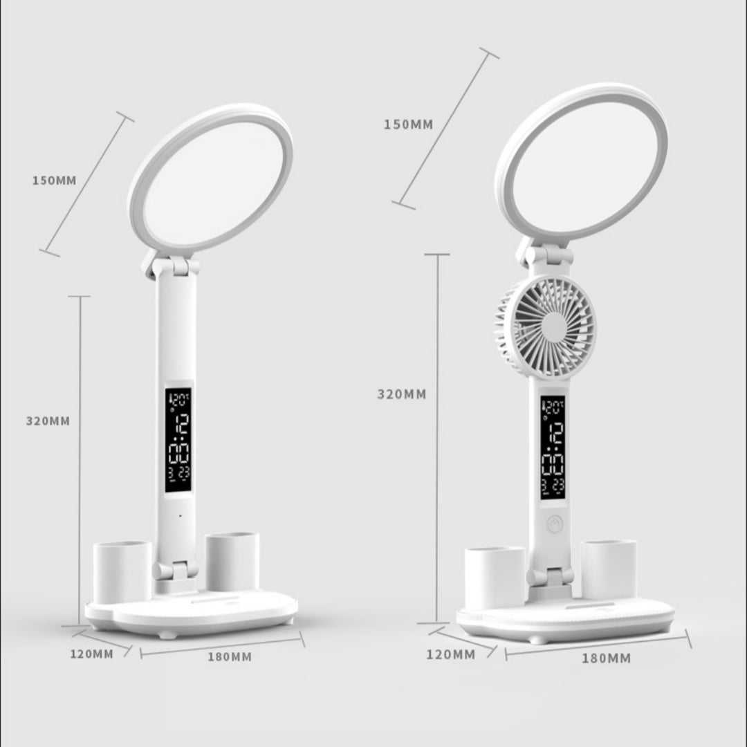 LED-Uhr Tischlampe USB aufladbar Dimmbar Schreibtisch Ventilator