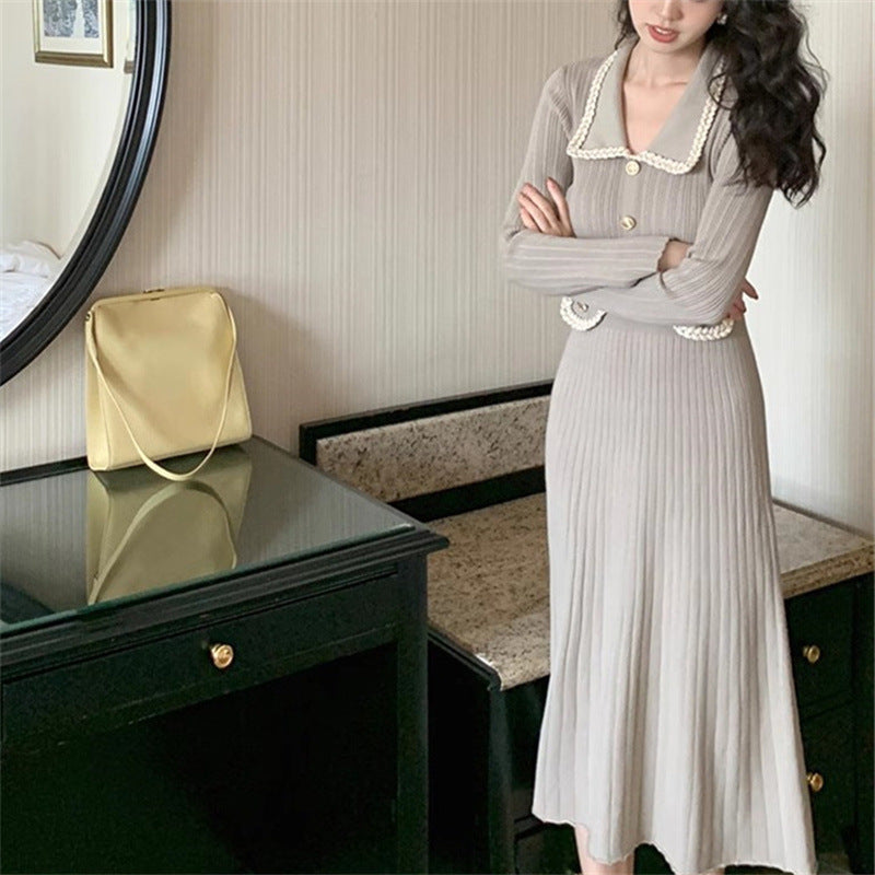 Lapel Slimming Knitted Women's Base Dress