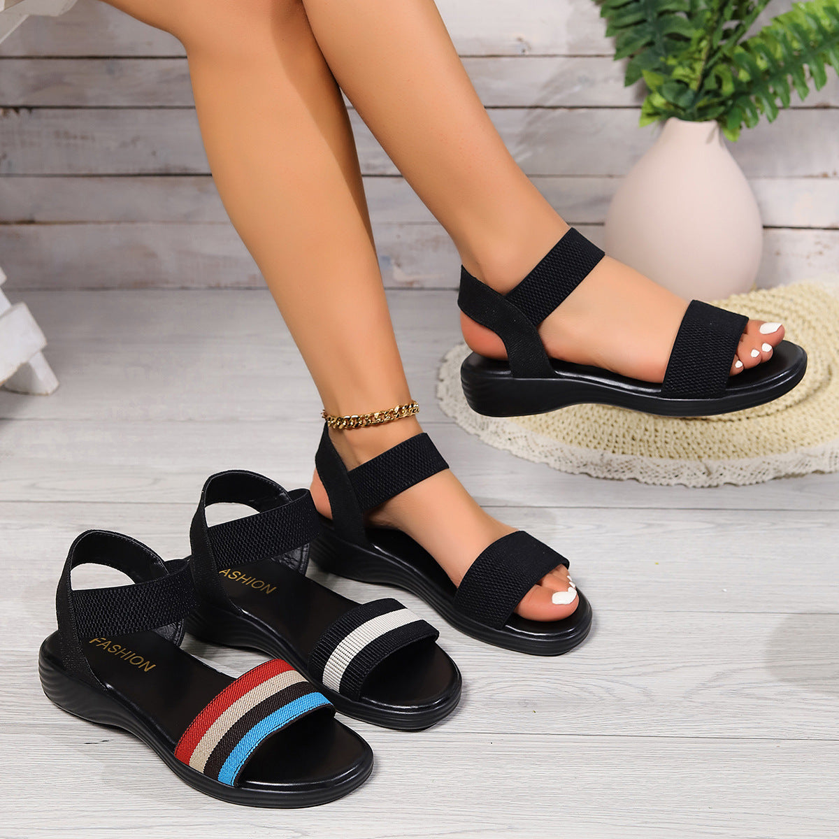 Fashion Color-Block Elastic Sandals Summer Fashion Fish Mouth Flat Shoes for Women