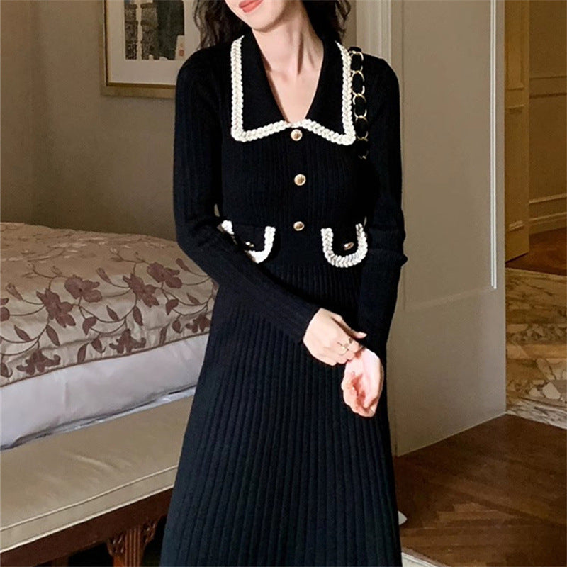 Lapel Slimming Knitted Women's Base Dress