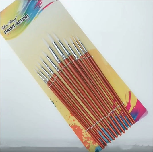 Round Shape Nylon Hair Wooden Handle Paint Brush Set Tool For Art School Watercolor Acrylic Painting 12 Pieces