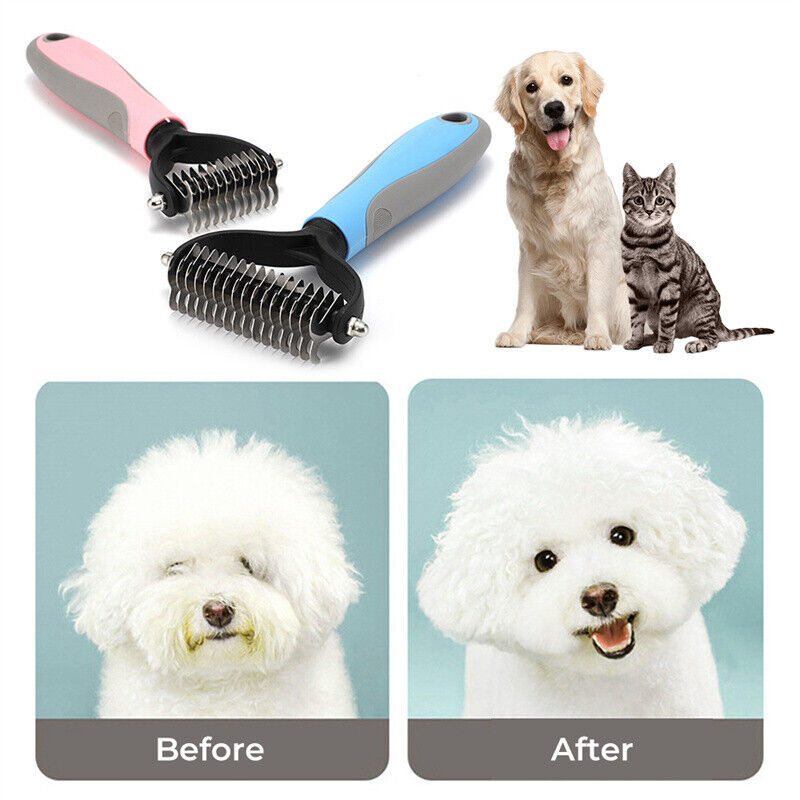 Pet Grooming Brush, Double-Sided Detangling and Deshedding Rake