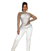 Damen Jumpsuit mit langen Ärmeln und Netzstoff in reiner Farbe und Strass