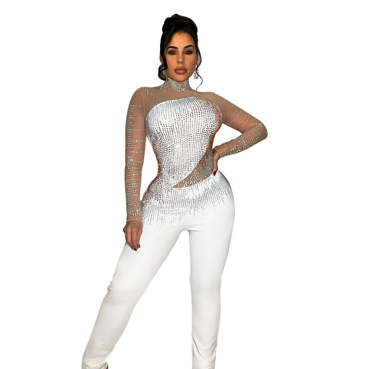 Damen Jumpsuit mit langen Ärmeln und Netzstoff in reiner Farbe und Strass