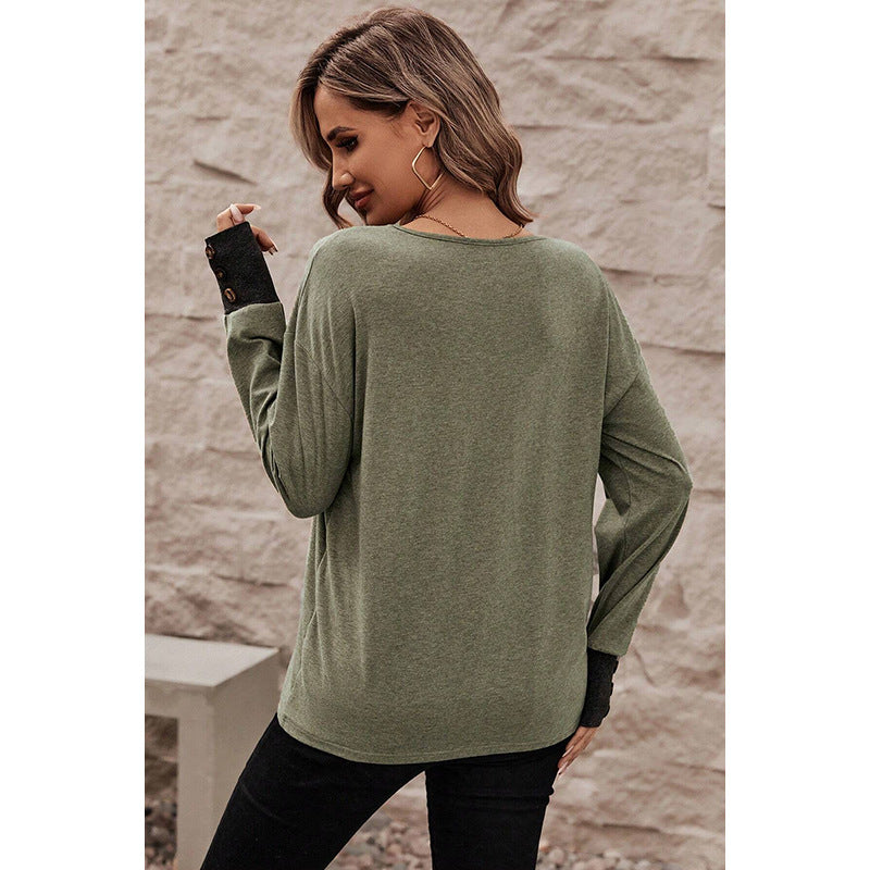 Women's Fashion Casual Loose-fitting V-neck Long Sleeves T-shirt