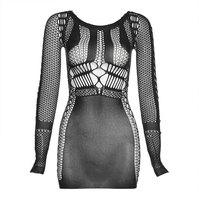 Long Sleeve Fishnet Clothes Slim Fit Sheath Dress