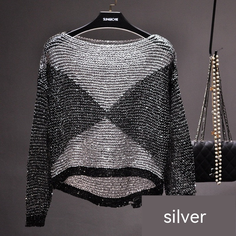 Hollow-out Sequin Loose Sweater Pullover Fil-Lumiere Underwear Blouse Long Sleeve Round