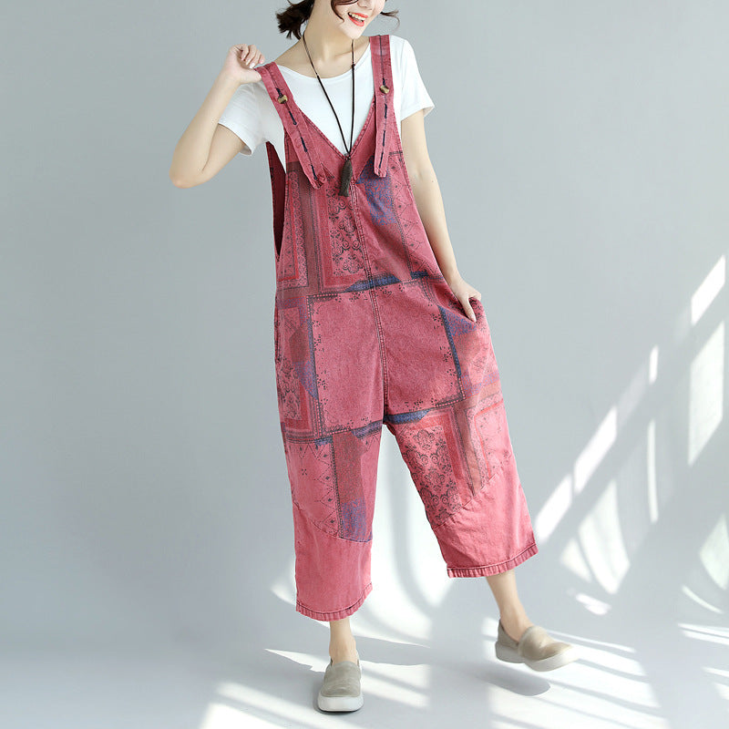 Printed Distressed Cropped Stitching Denim Suspender Pants