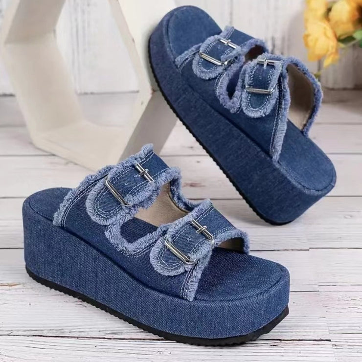 Mode Denim Schnalle Keile Sandalen High Heel Dicke Sohle Schuhe für Frauen