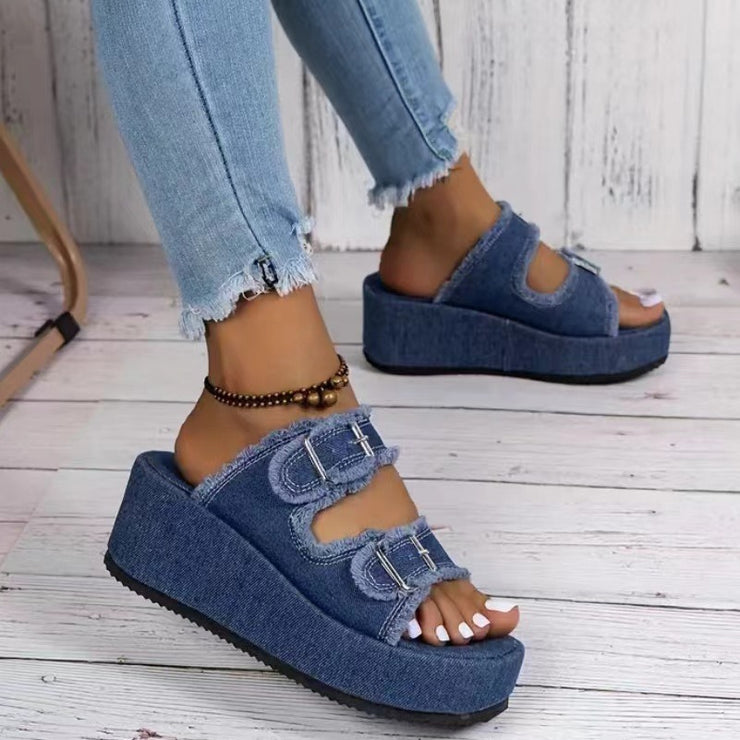 Mode Denim Schnalle Keile Sandalen High Heel Dicke Sohle Schuhe für Frauen