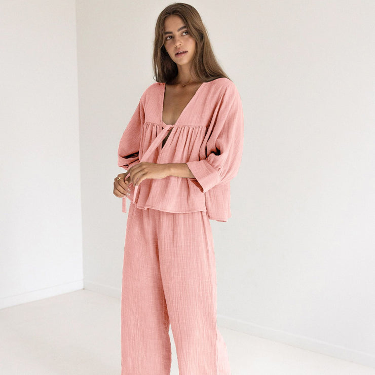 Damenmode Langärmlige Doppellagige Crêpe-Pyjamahose Lockeres Outfit