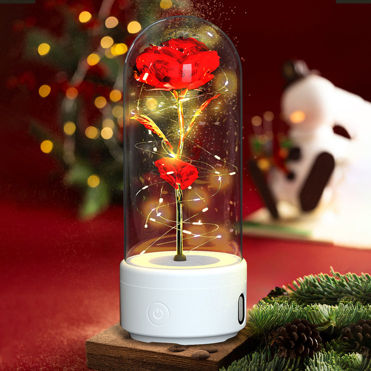 Kreatives 2-in-1-Rosenblüten-LED-Licht und Bluetooth-Lautsprecher Rose leuchtendes Nachtlicht-Ornament in Glasabdeckung