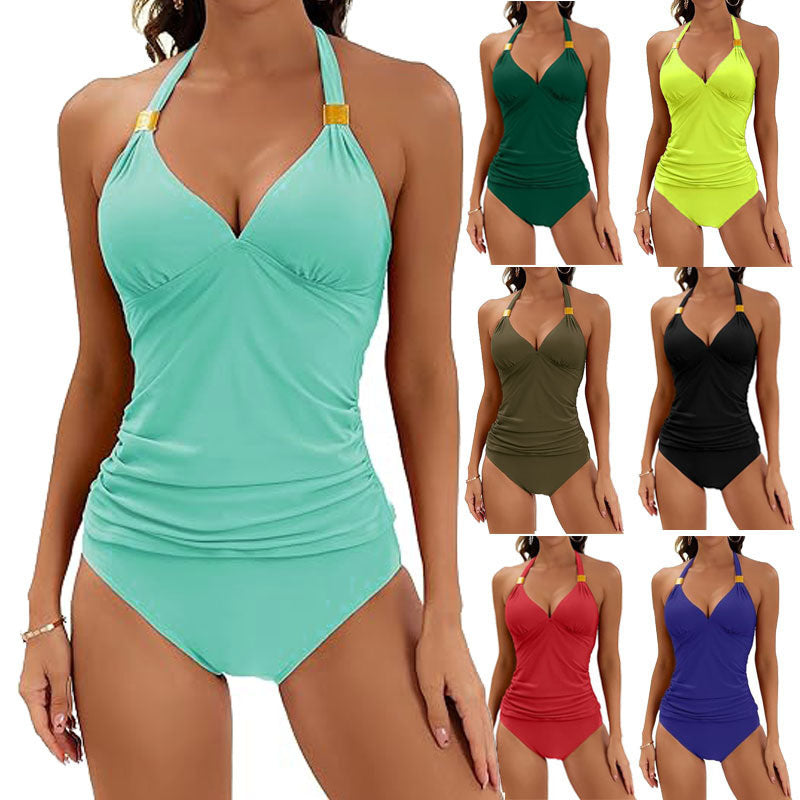 Solid Color Halter Bikini Beachwear Sexy V-Neck Swimsuit Summer Women's Clothing 2pcs