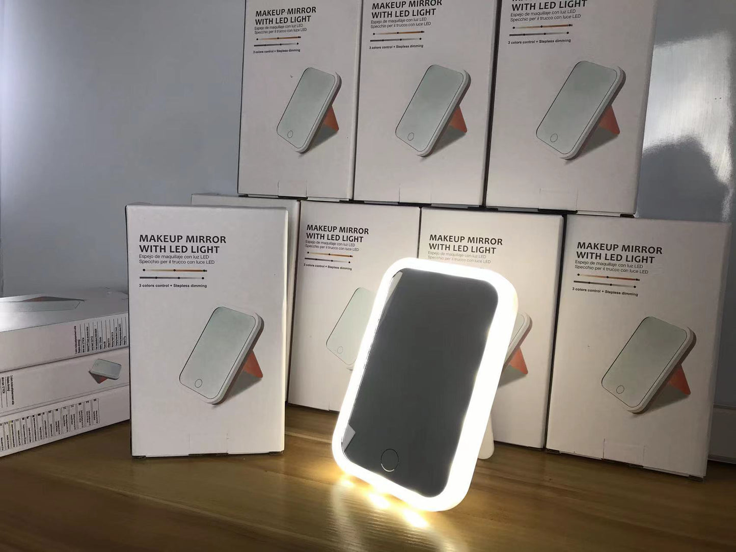 Quadratischer LED-Schminkspiegel mit Licht Smart Touch tragbar