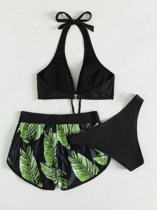 Fashionable 3-piece leaf print bikini set with shorts