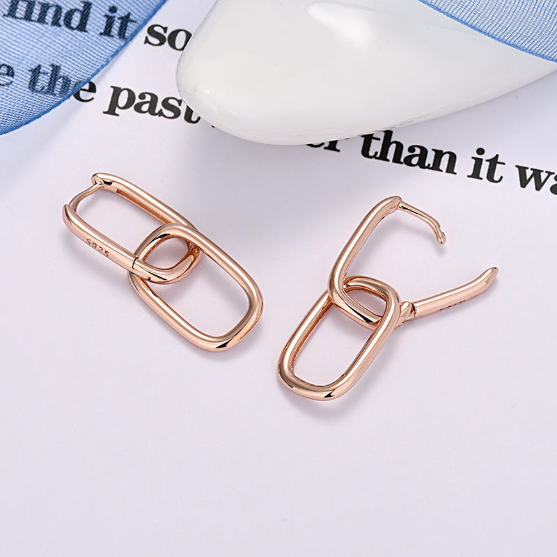 Geometric Ellipse Design Simple 925 Silver Needle Double Hoop Earrings