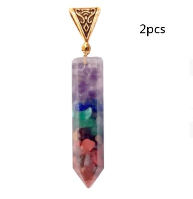 Seven Chakra Natural Crushed Stones Hexagon Column Necklace Aura Pendant