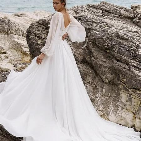 European And American High Waist Plus Size Deep V Long Sleeve Mopping Backless Wedding Dress High Slit