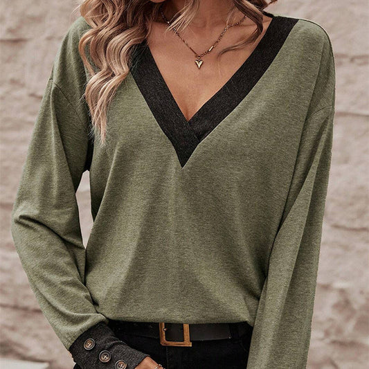 Women's Fashion Casual Loose-fitting V-neck Long Sleeves T-shirt