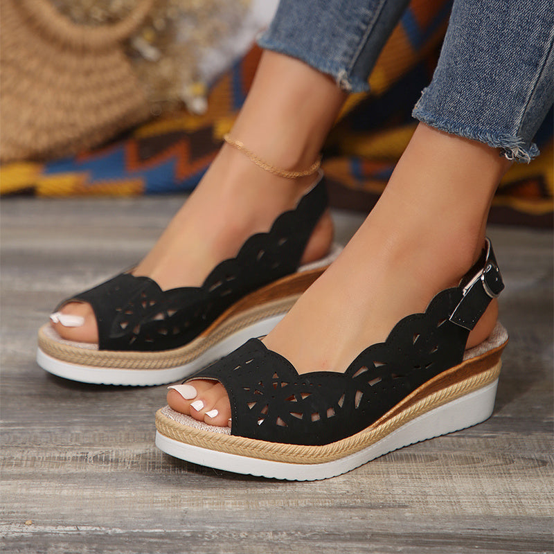 New Fish Mouth Wedge Sandals Summer Thick Soled Hollow Buckle Roman Shoes for Women