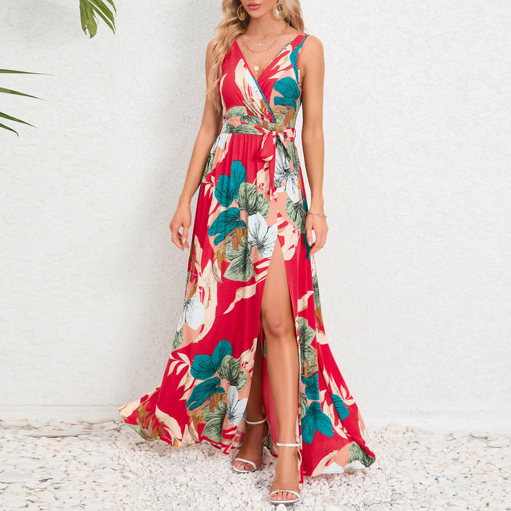 Langes Kleid mit V-Ausschnitt und Blumendruck, Sommermode, Taillenschnürung, Schlitzdesign, ärmelloses Kleid für Damenbekleidung