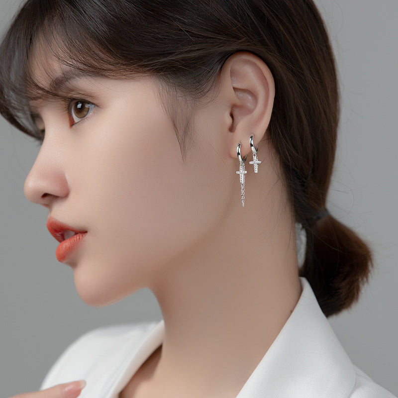 Short Cross Chain Ear Clip Women's Rhinestone Earrings