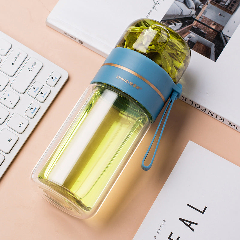 Glass water bottle with tea infuser filter, tea separation, double-walled glass bottle