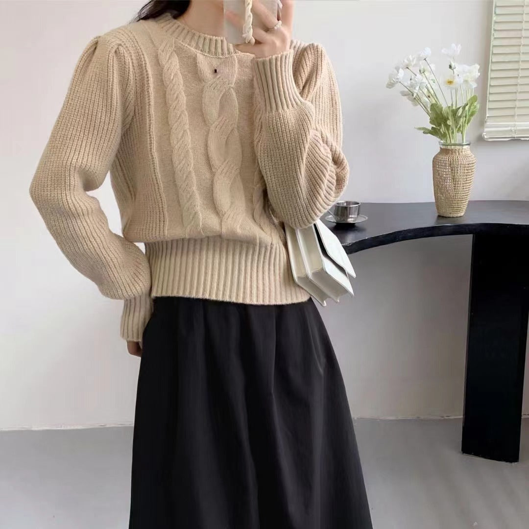 European And American Solid Color Knitwear Autumn Winter Japanese New Round Neck Pullover Lantern Sleeve Cable-knit Sweater