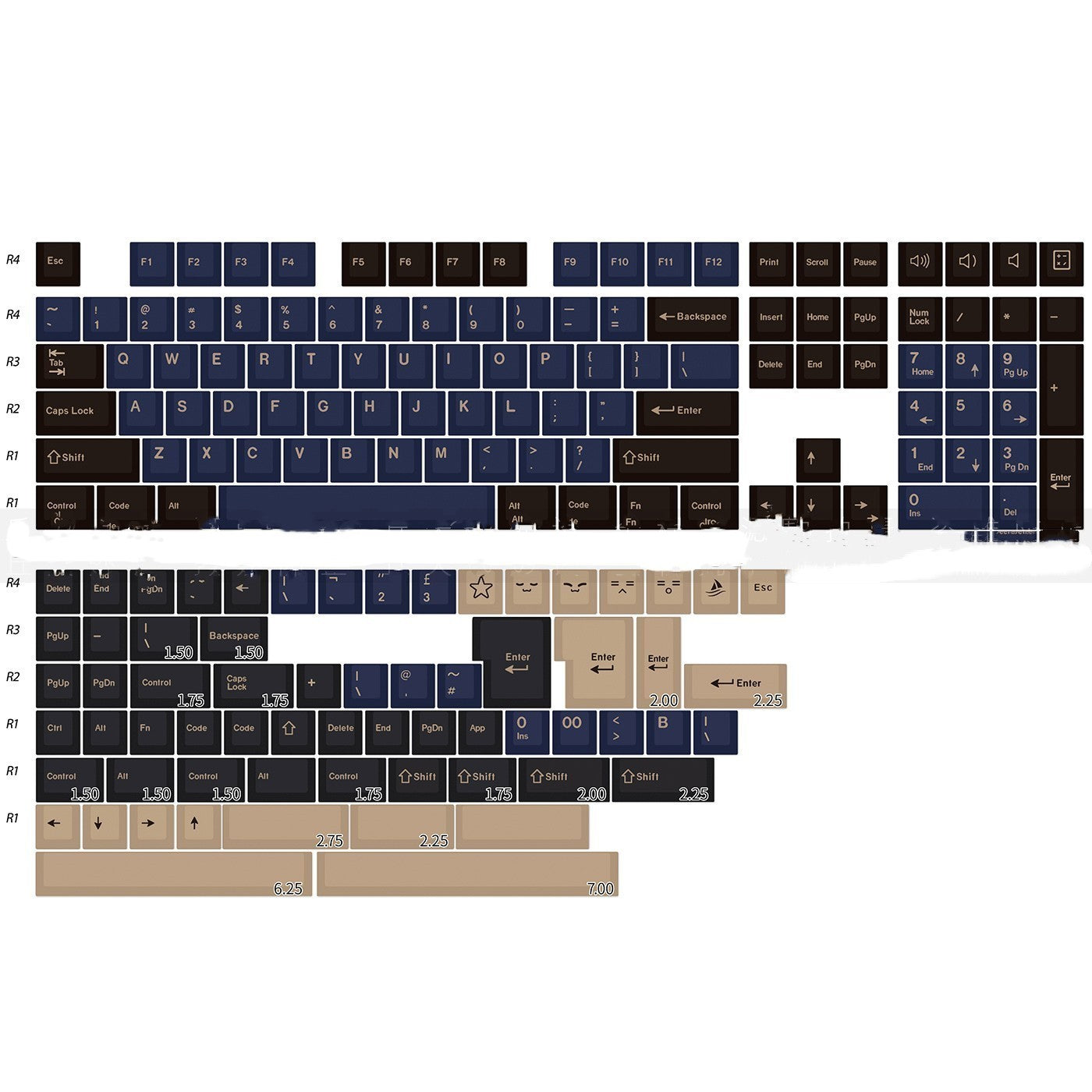 Blue keycaps, two-tone, complete set of 173 keycaps