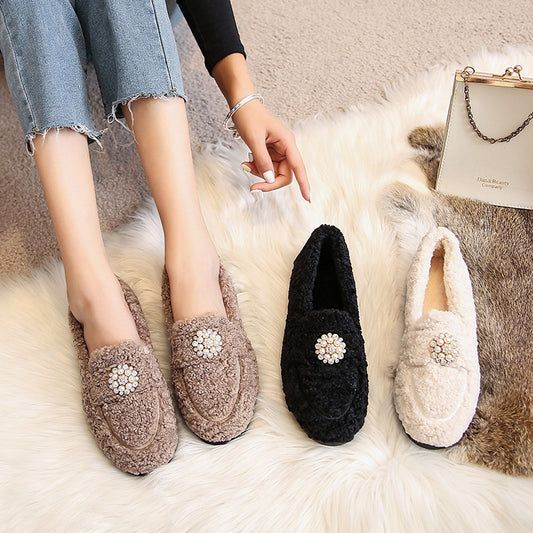 Women's Outdoor Shoes Autumn and Winter Lamb Wool Flat Bottom Slip-on Thick Bottom Plus Size