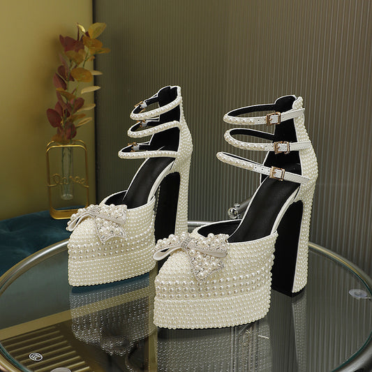 Thick High Heel Thick Platform Muffin Pearl Lace Sandals