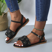 Retro Blumen Sandalen Sommer Casual Vielseitige Runde Zehe Schnalle Flache Strand Schuhe Für Frauen Neue Römische Schuhe