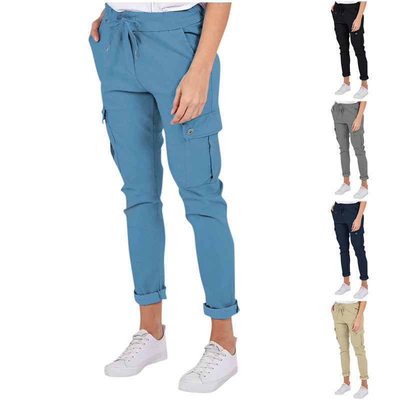 Casual Cargo Pants With Pockets Solid Color Drawstring Waist Pencil Trousers For Women