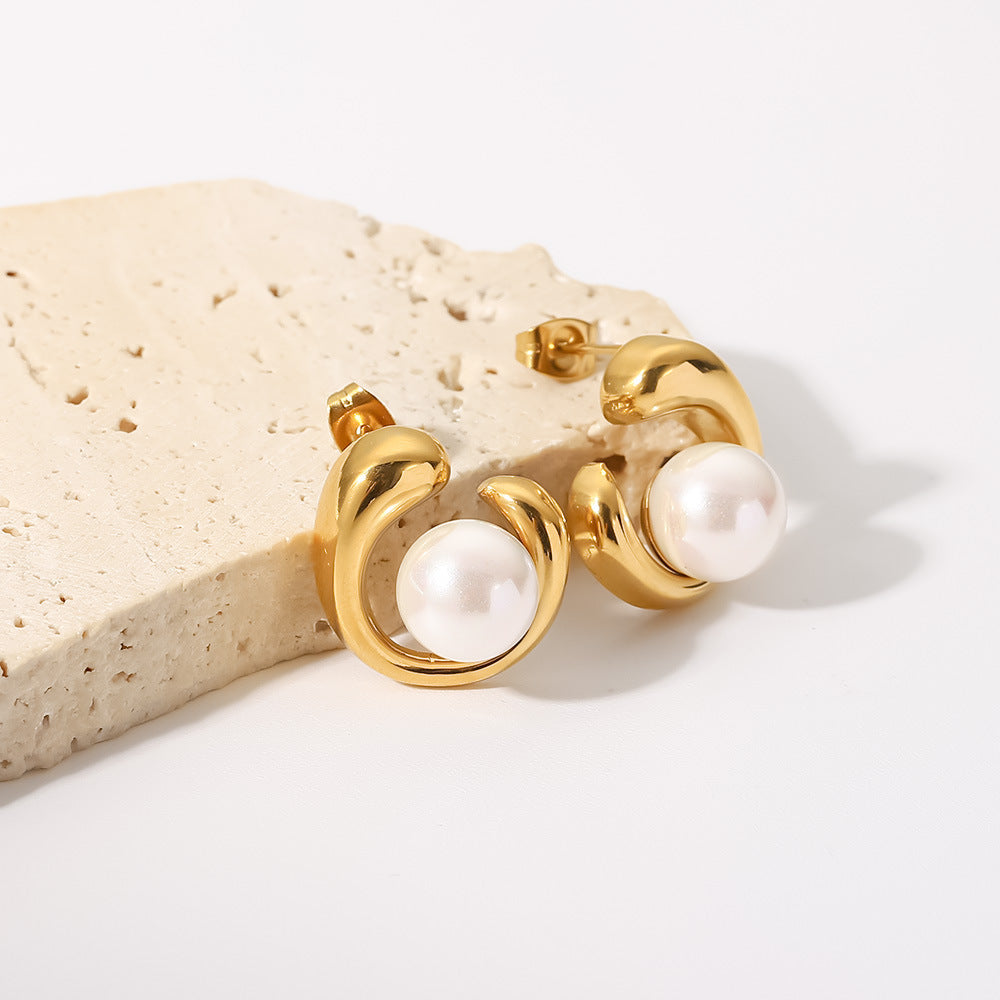 18k gold, stainless steel, geometric pearl stud earrings