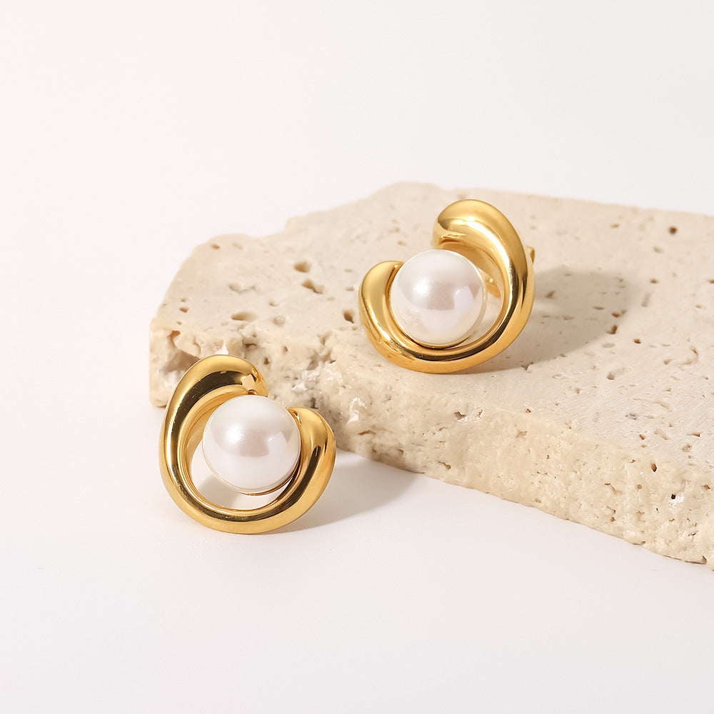 18k gold, stainless steel, geometric pearl stud earrings