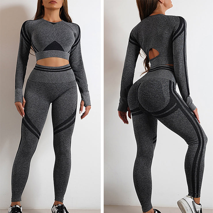 Sport-Fitnessstudio-Fitness-Leggings und Langarmshirts Outfits Butt Lifting Slim Workout Sportbekleidung 2-tlg