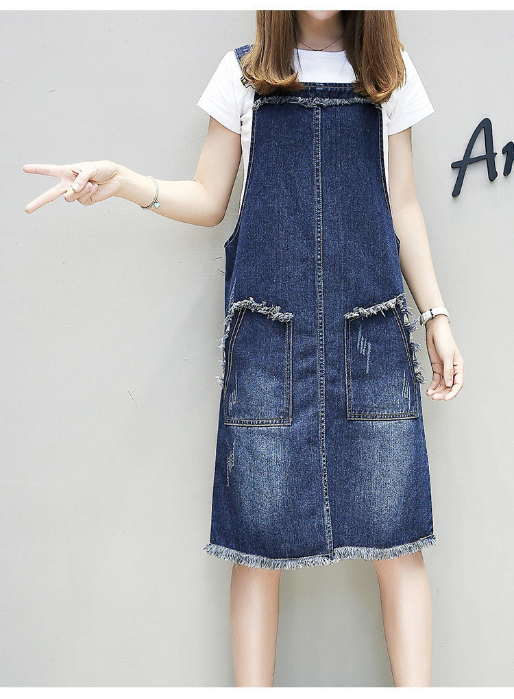 Plus-sized Plus Size Women's Clothing Spring And Summer Slimming Denim Suspender Skirt Slim Fit Dress Fat Sister