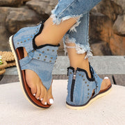 Denim-Zehentrenner-Sandalen mit Reißverschluss hinten, flache Sommer-Retro-Strandschuhe für Damen