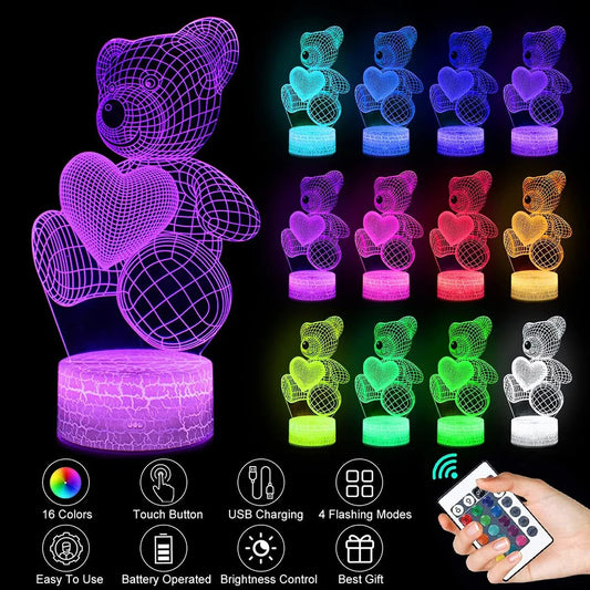 USB 3D Lamp LED Night Lights Neon Love Bear