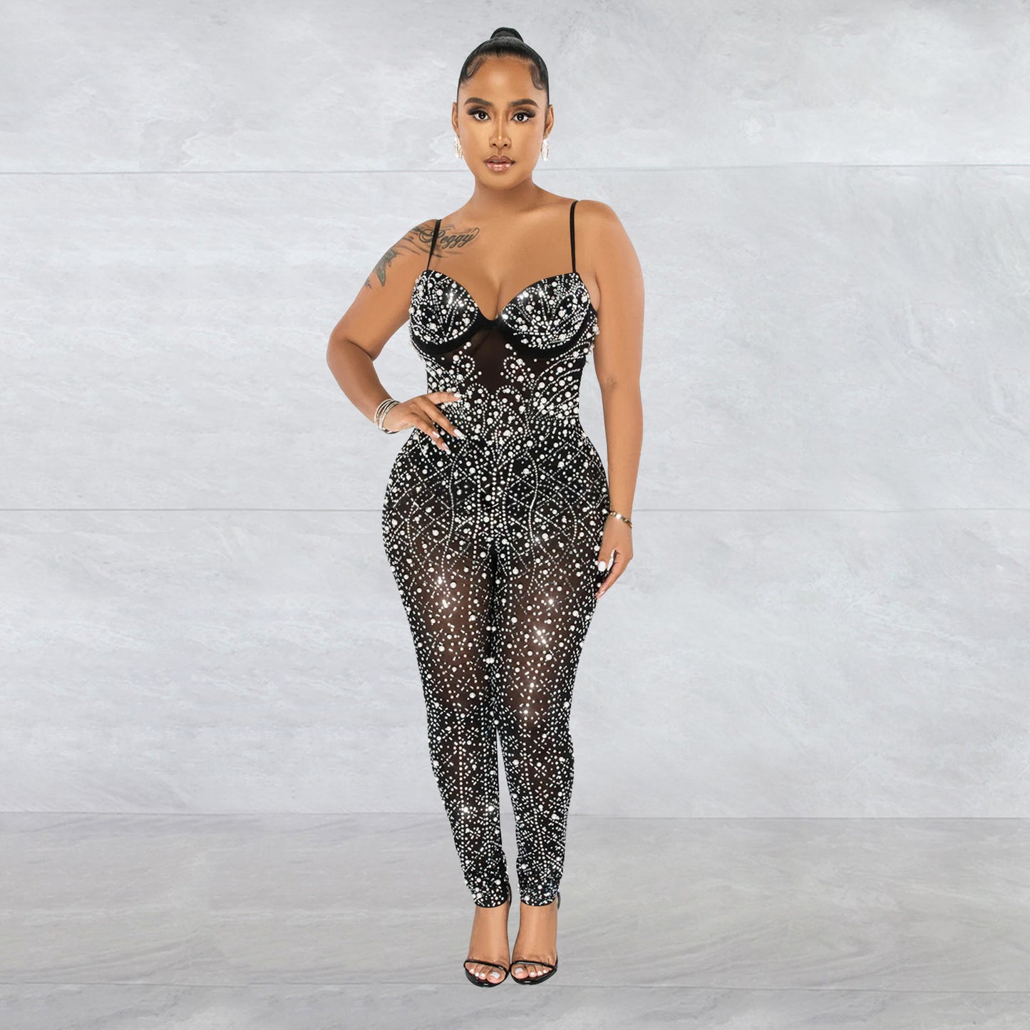 Women's Wear Pure Color Mesh Rhinestone Sleeveless Trousers Jumpsuit