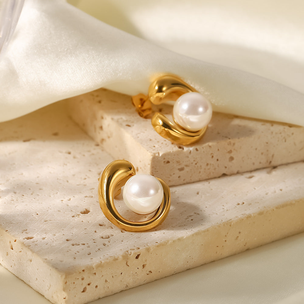 18k gold, stainless steel, geometric pearl stud earrings